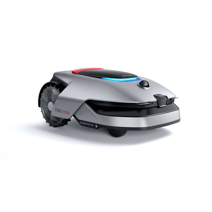 Dreame A2 Mähroboter „Edgemaster", Seitenansicht in Silber mit Kamera und großem, grobstolligem Antriebsrad.