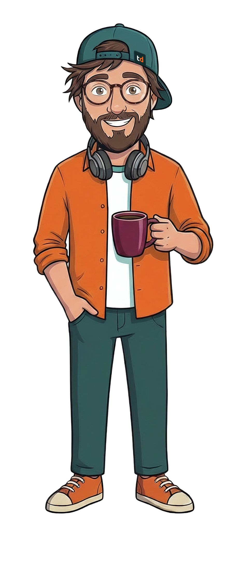 Der teqdude in orangem Hemd, mit Kopfhörern um den Hals und einer Kaffeetasse in der Hand