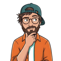 Der teqdude in orangem Hemd, nachdenklich mit der Hand am Kinn